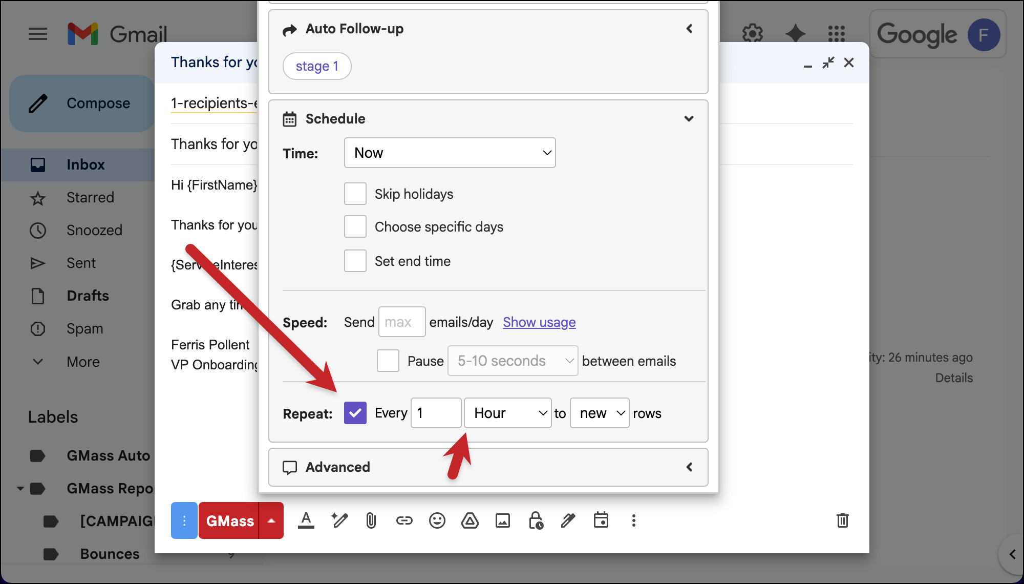 Set up the automation to check for new rows hourly