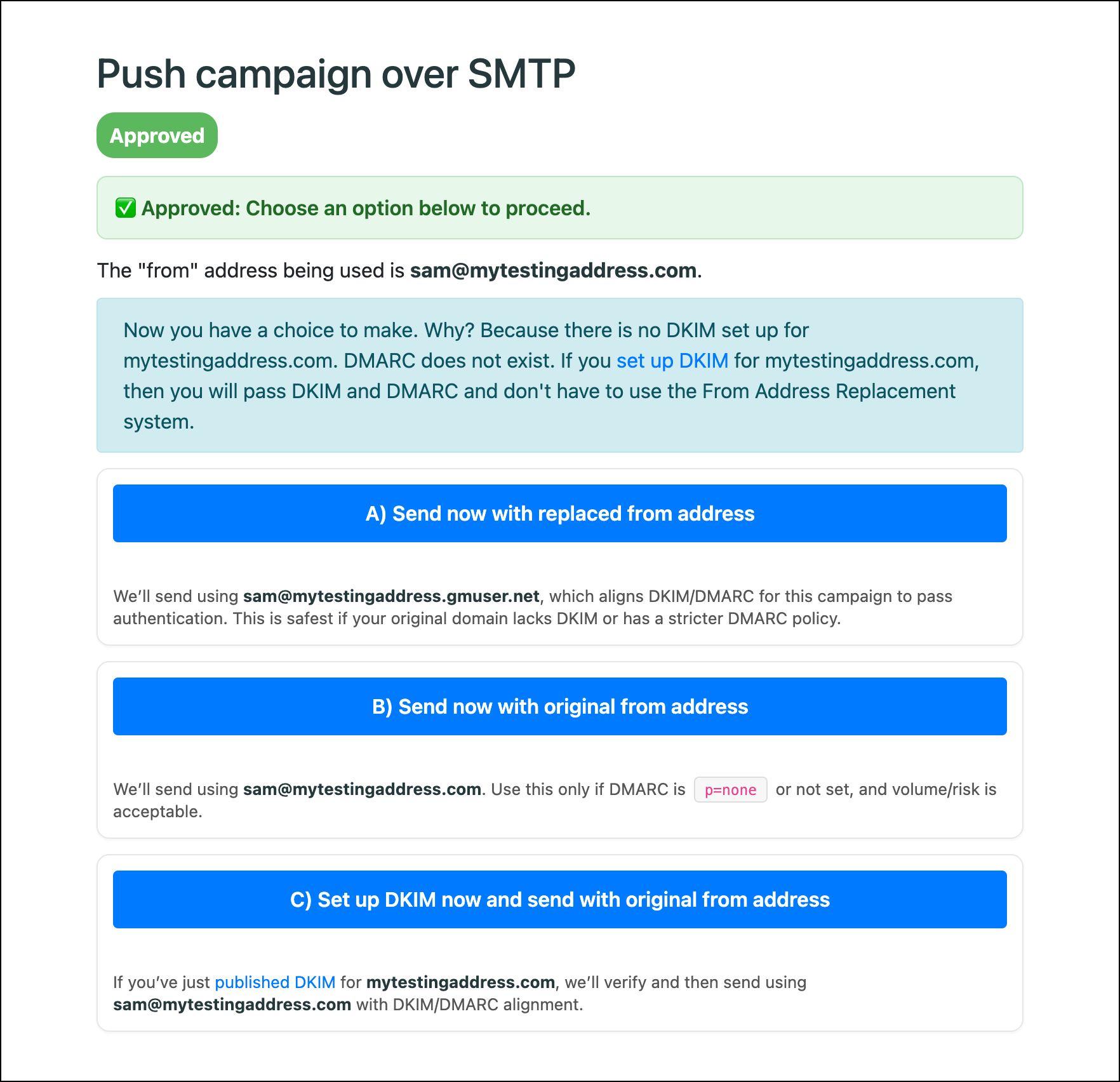 Options for sending campaign