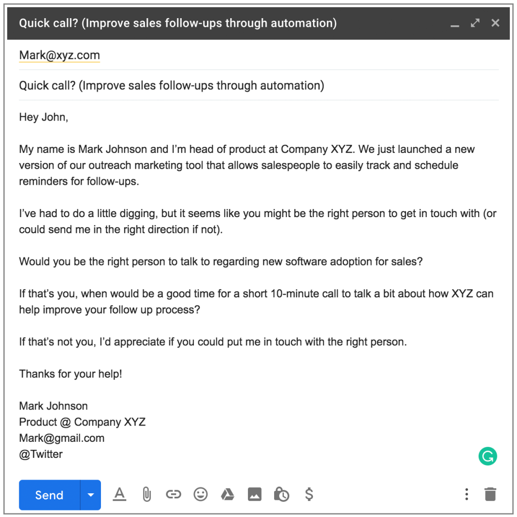 Example of a cold email template to use when asking for an appointment to give a demo