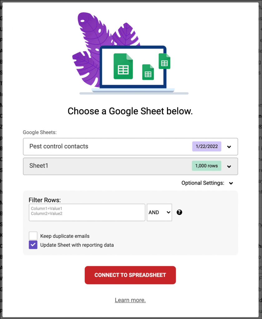 Choosing additional GMass options when using a Google Sheet.