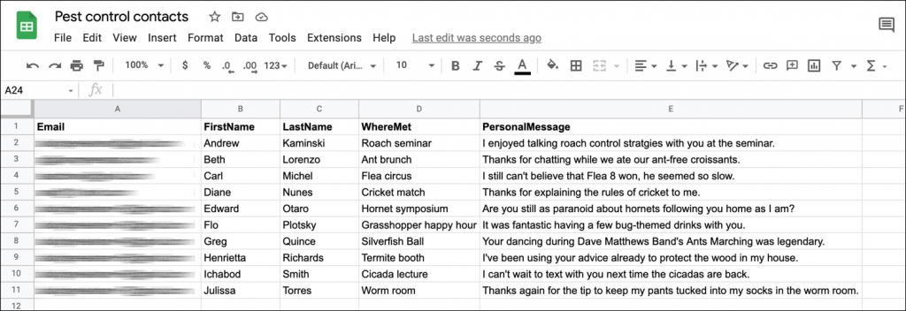 Preparing a spreadsheet for a Gmail mail merge.