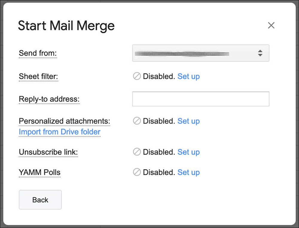 Choosing advanced features for a mail merge.