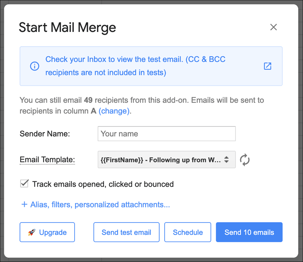 The send box to send an email through Gmail inside a Google Sheet.