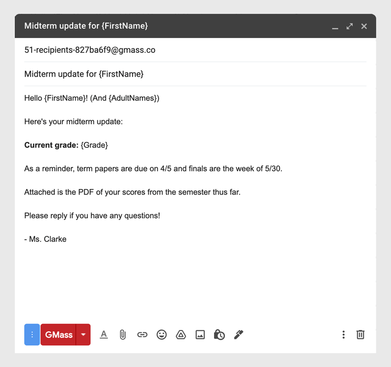A sample personalized mass email for teachers.
