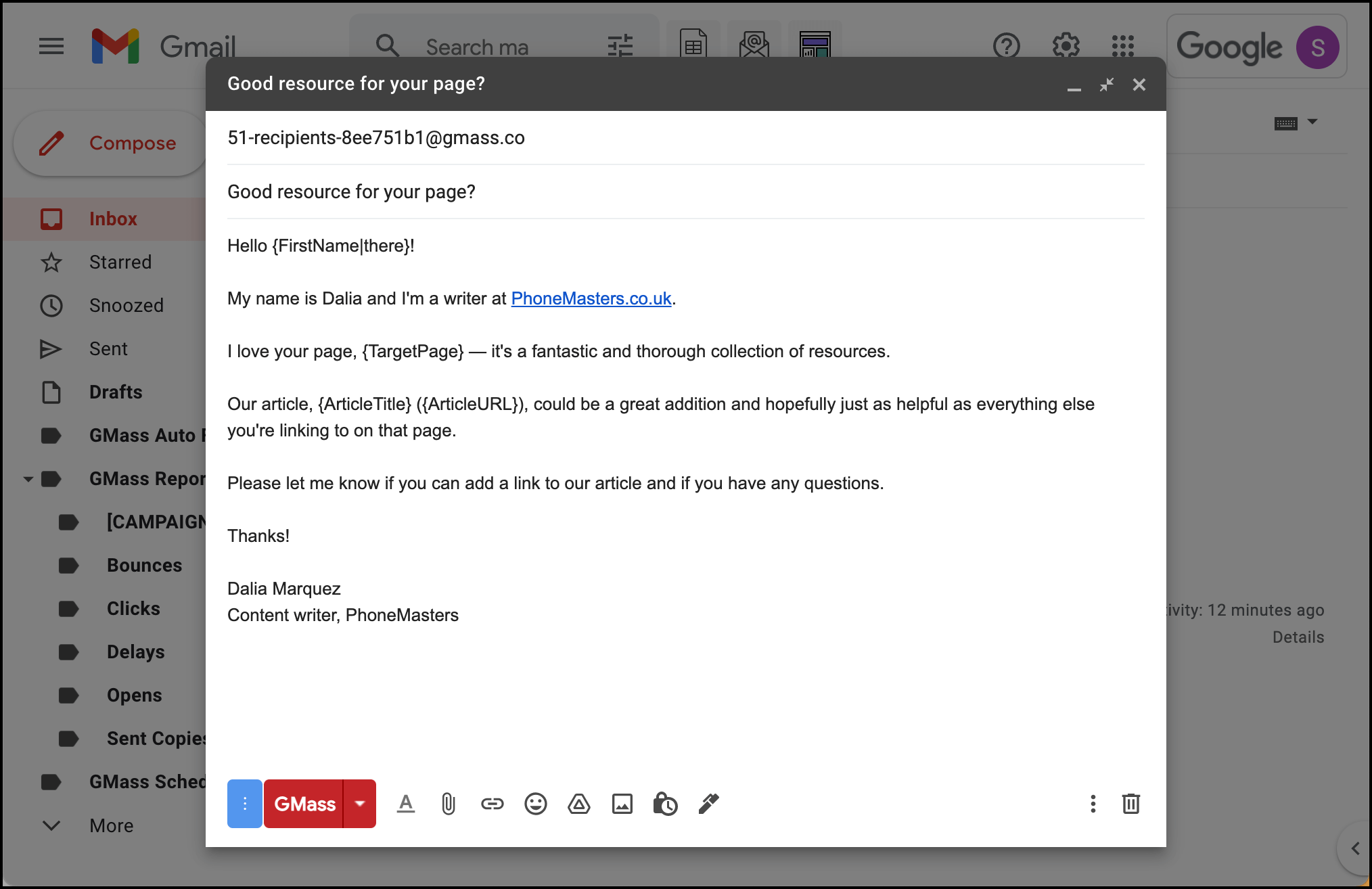 Write your outreach email in Gmail, just like a regular email.