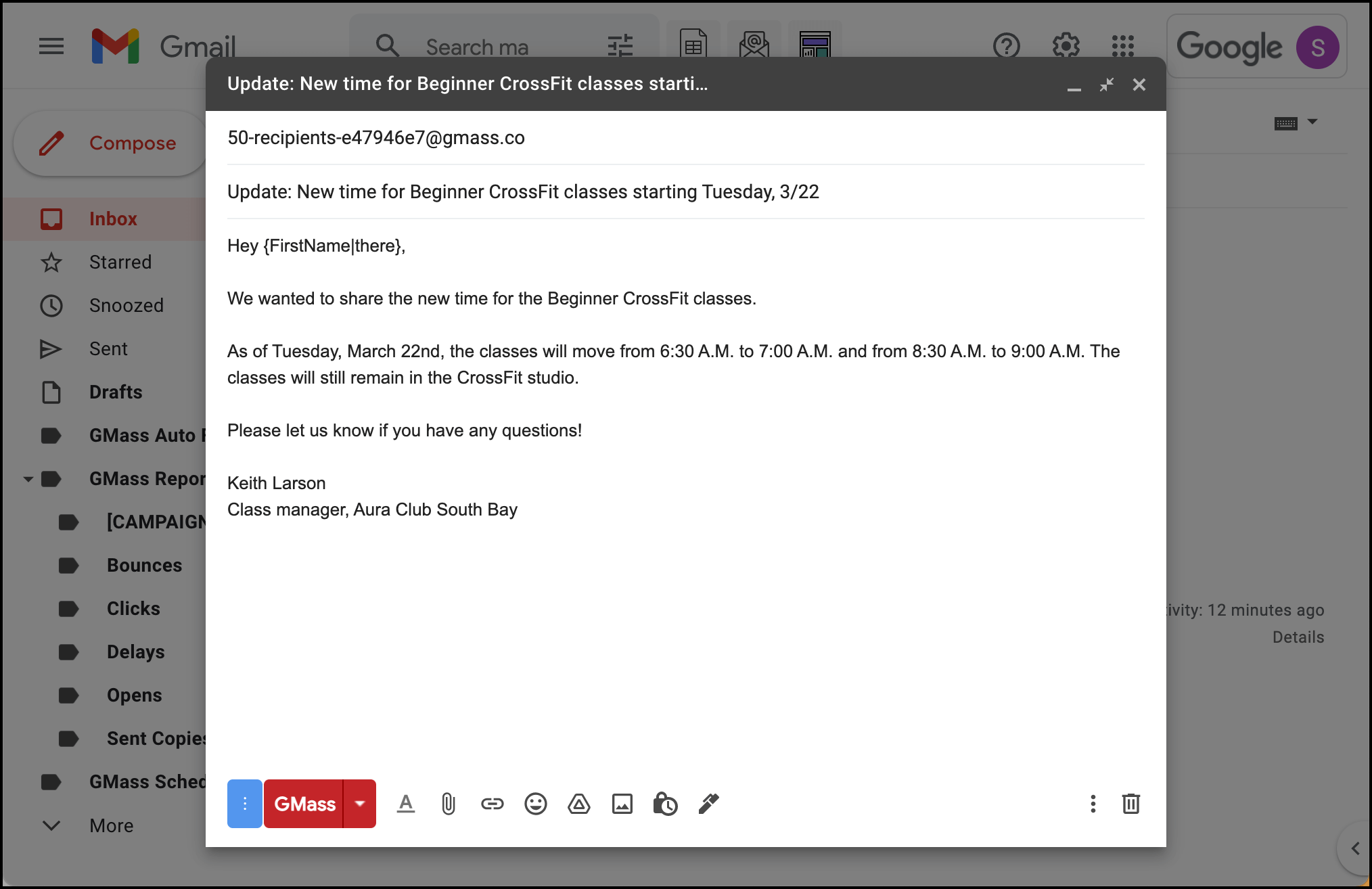 Write your mass email in Gmail, just like a regular email.