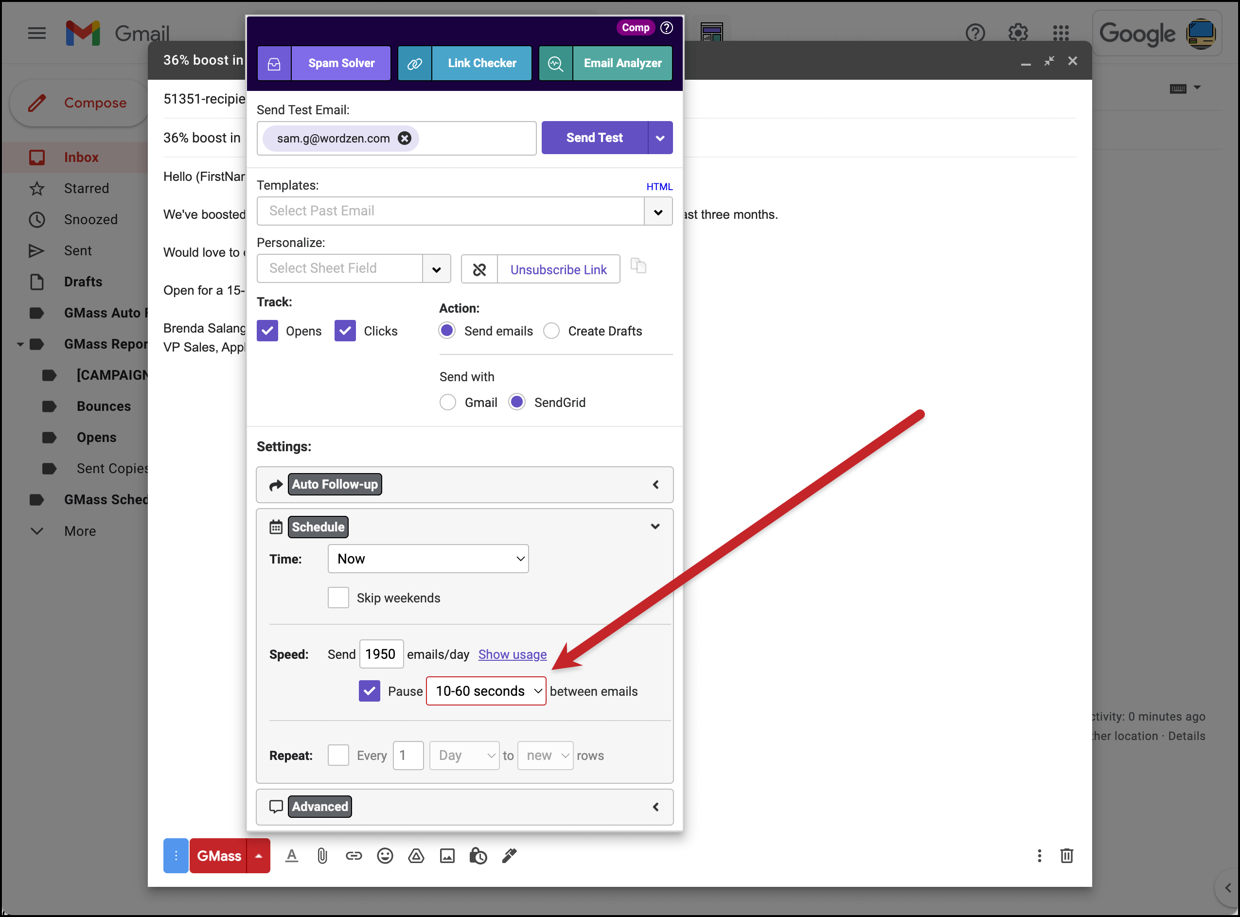 Choose your sending speed in the GMass settings.
