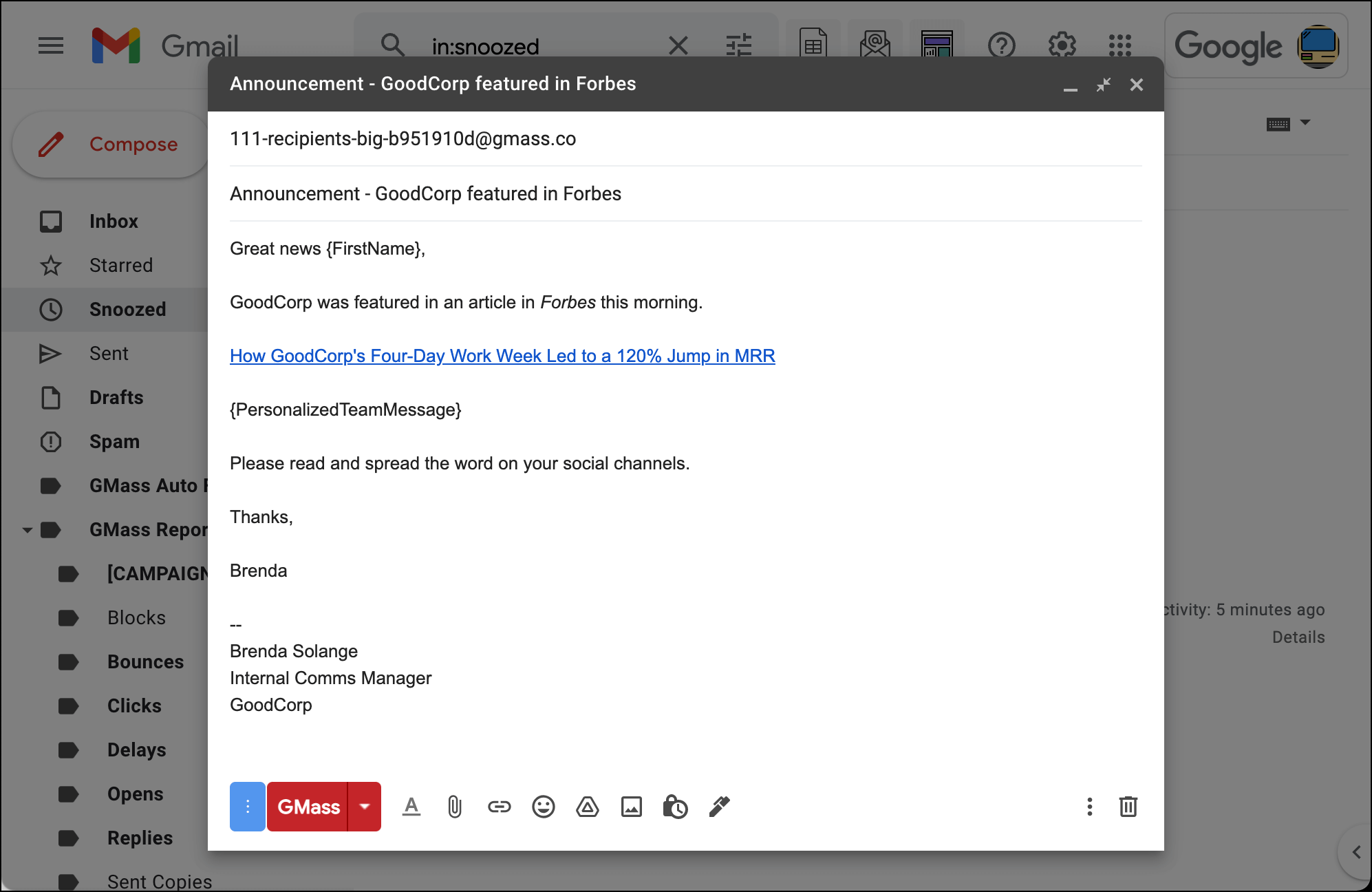 Internal comms email in Gmail