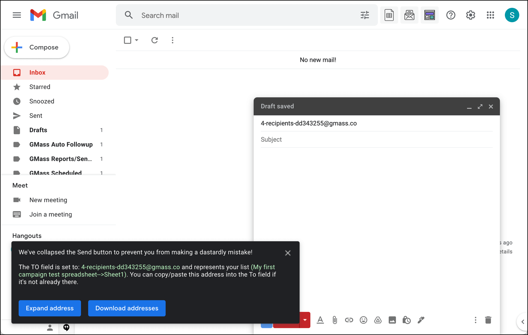 Your connected Sheet in the Gmail compose window