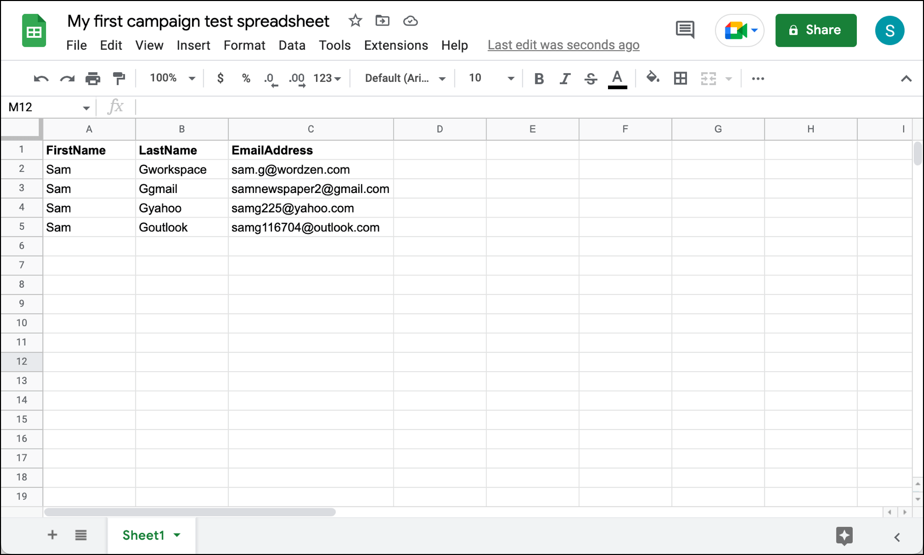 Google Sheet with info