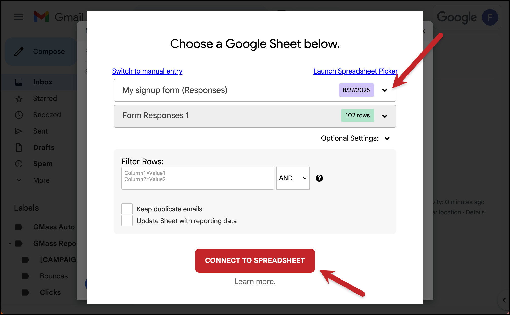 Connect your sheet of responses