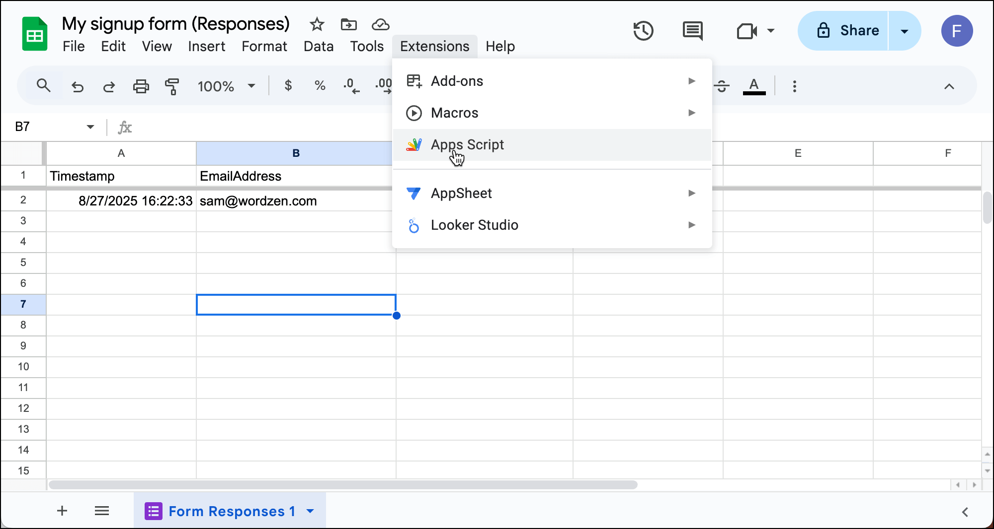 Open the Apps Script menu
