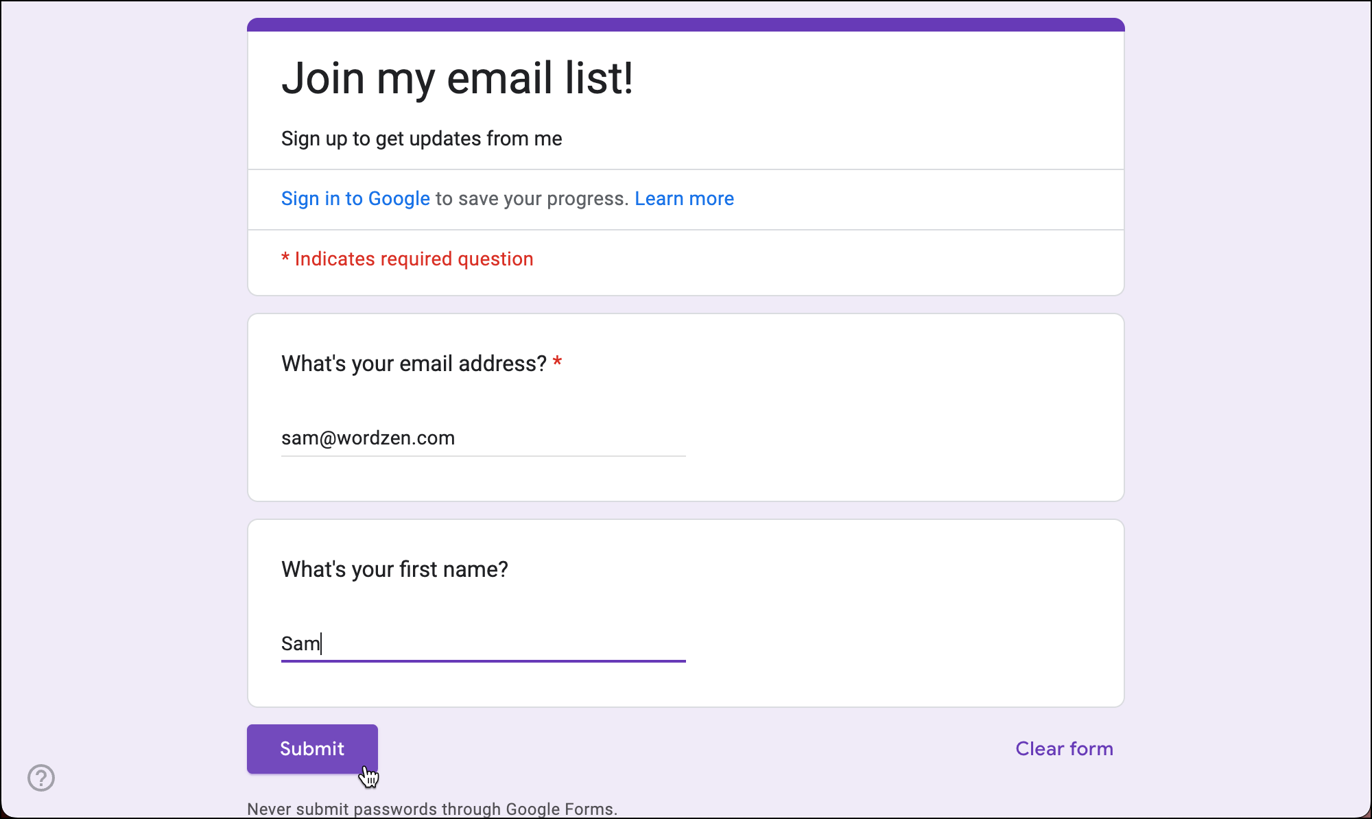Fill in your google form