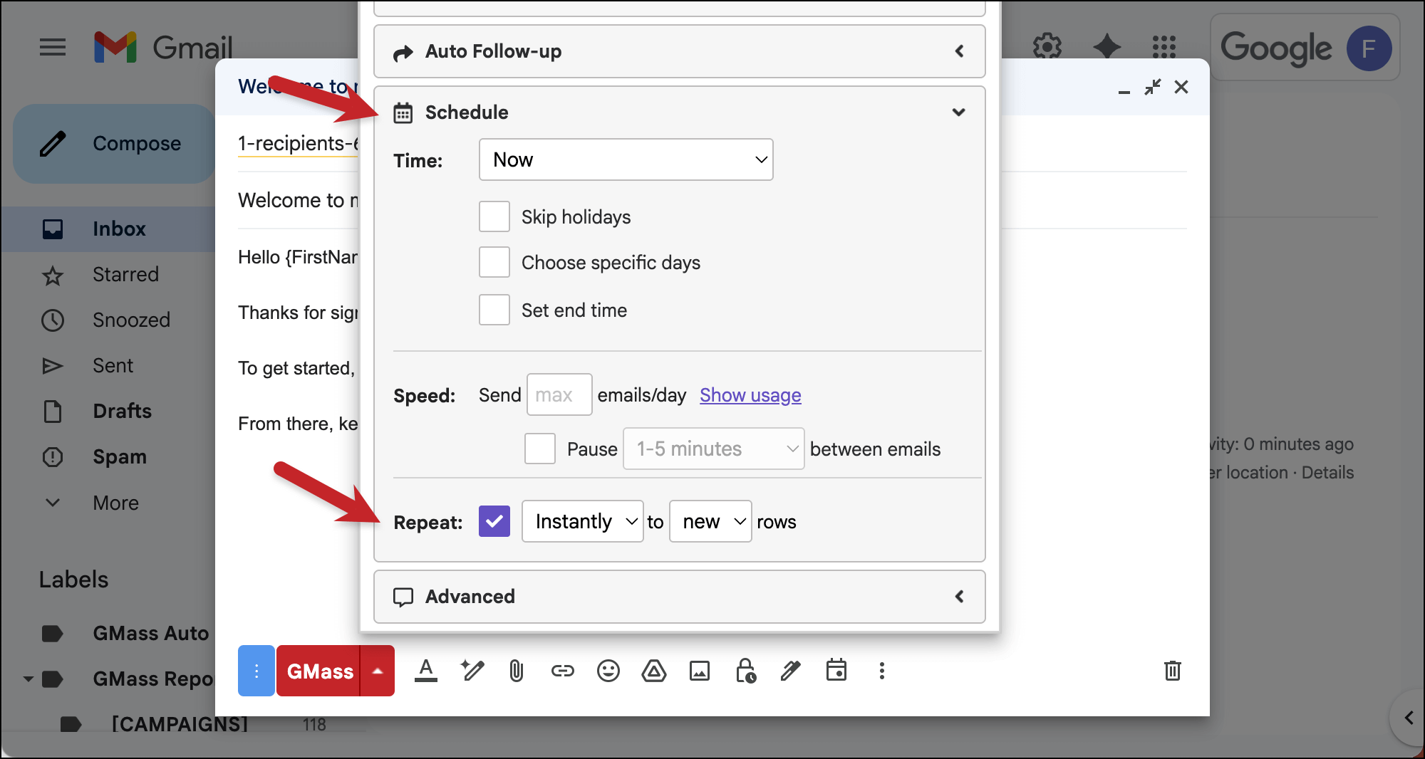 Set up repeat settings
