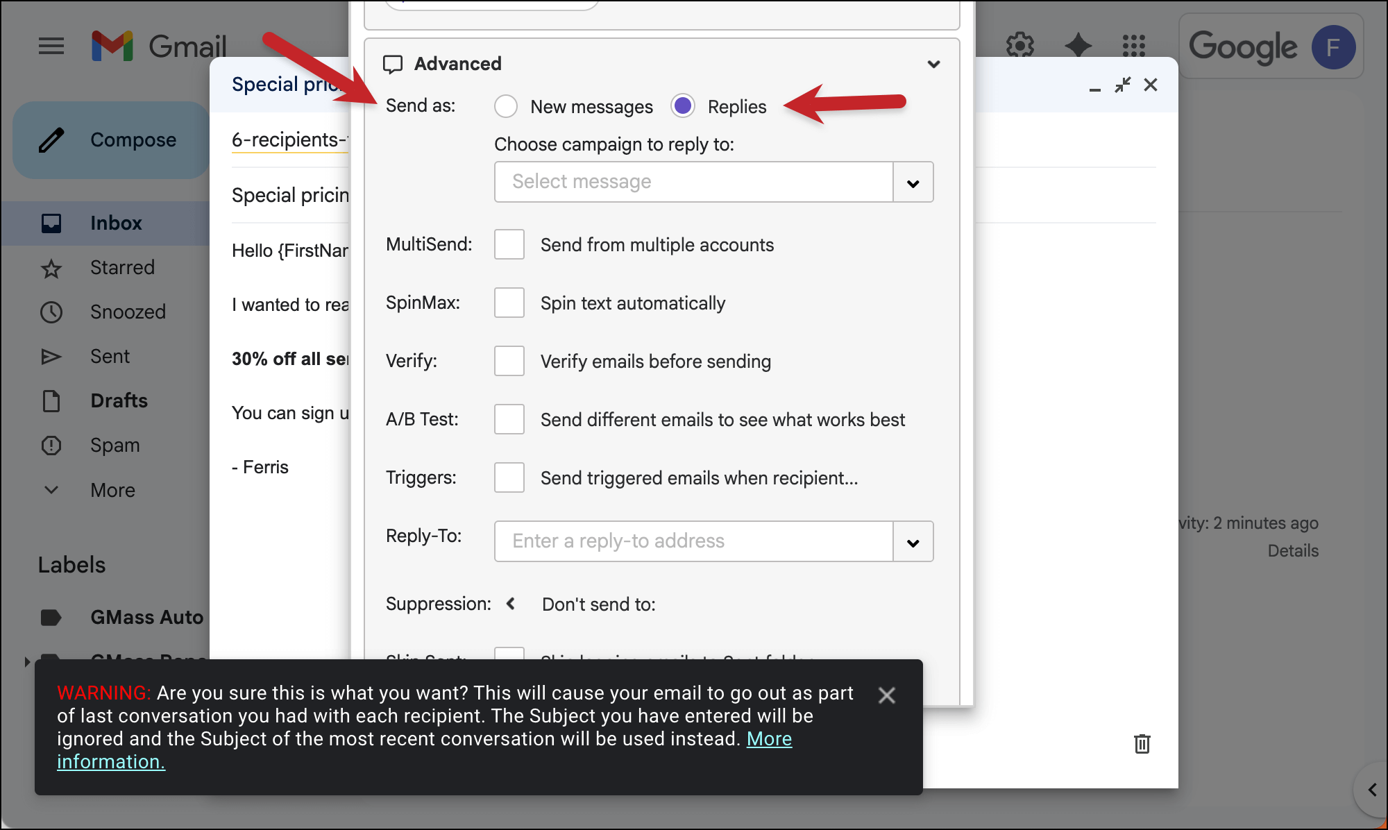Send as replies setting