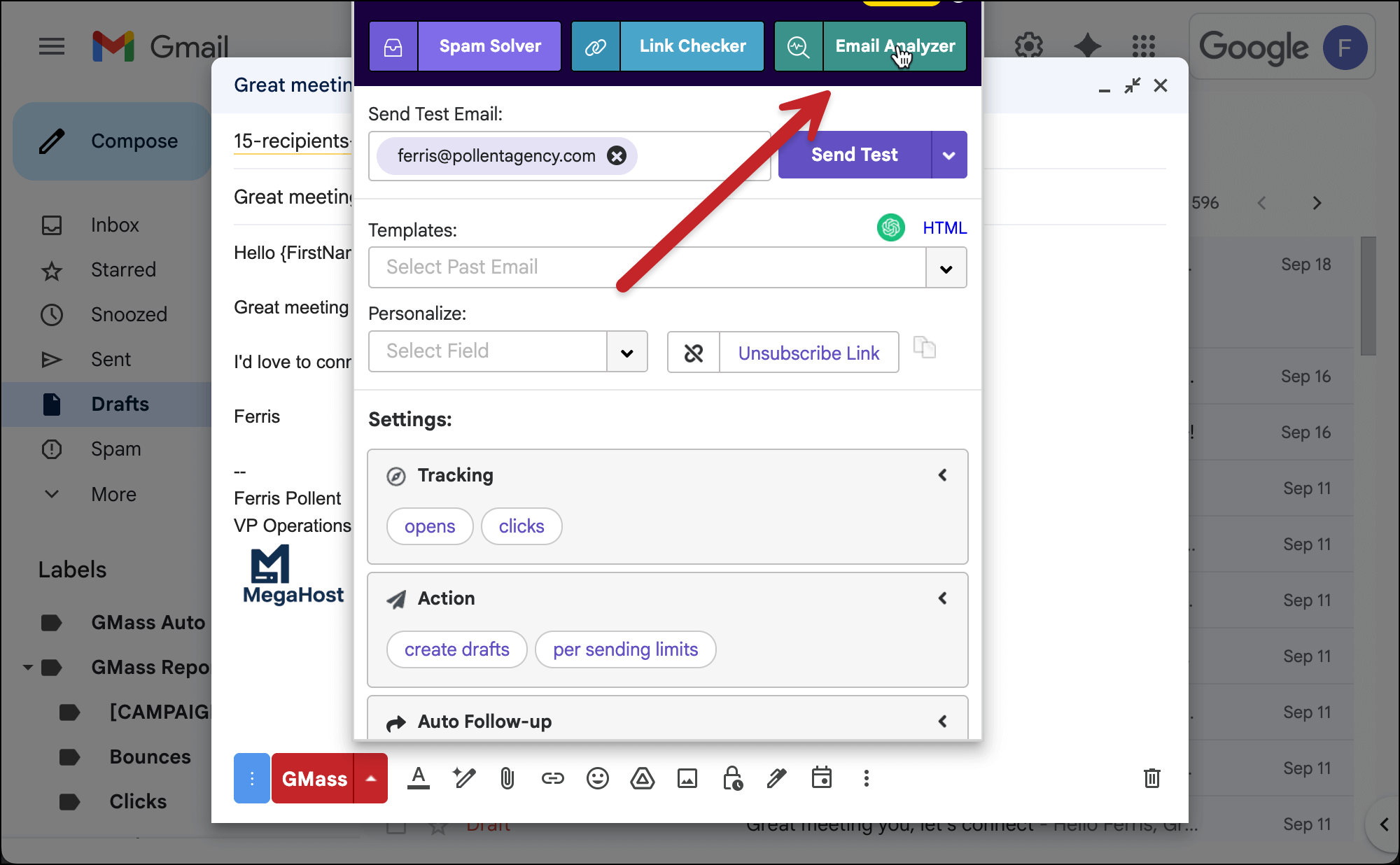 One of the ways to access GMass's email analyzer
