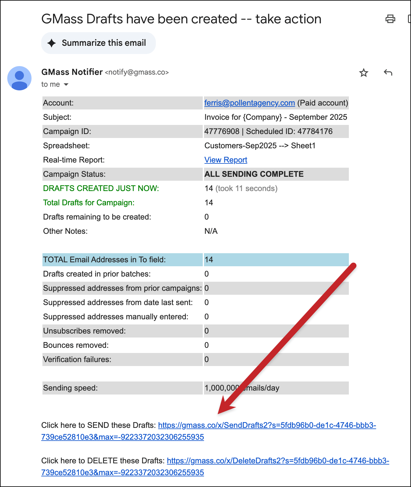 Click the link to send the drafts