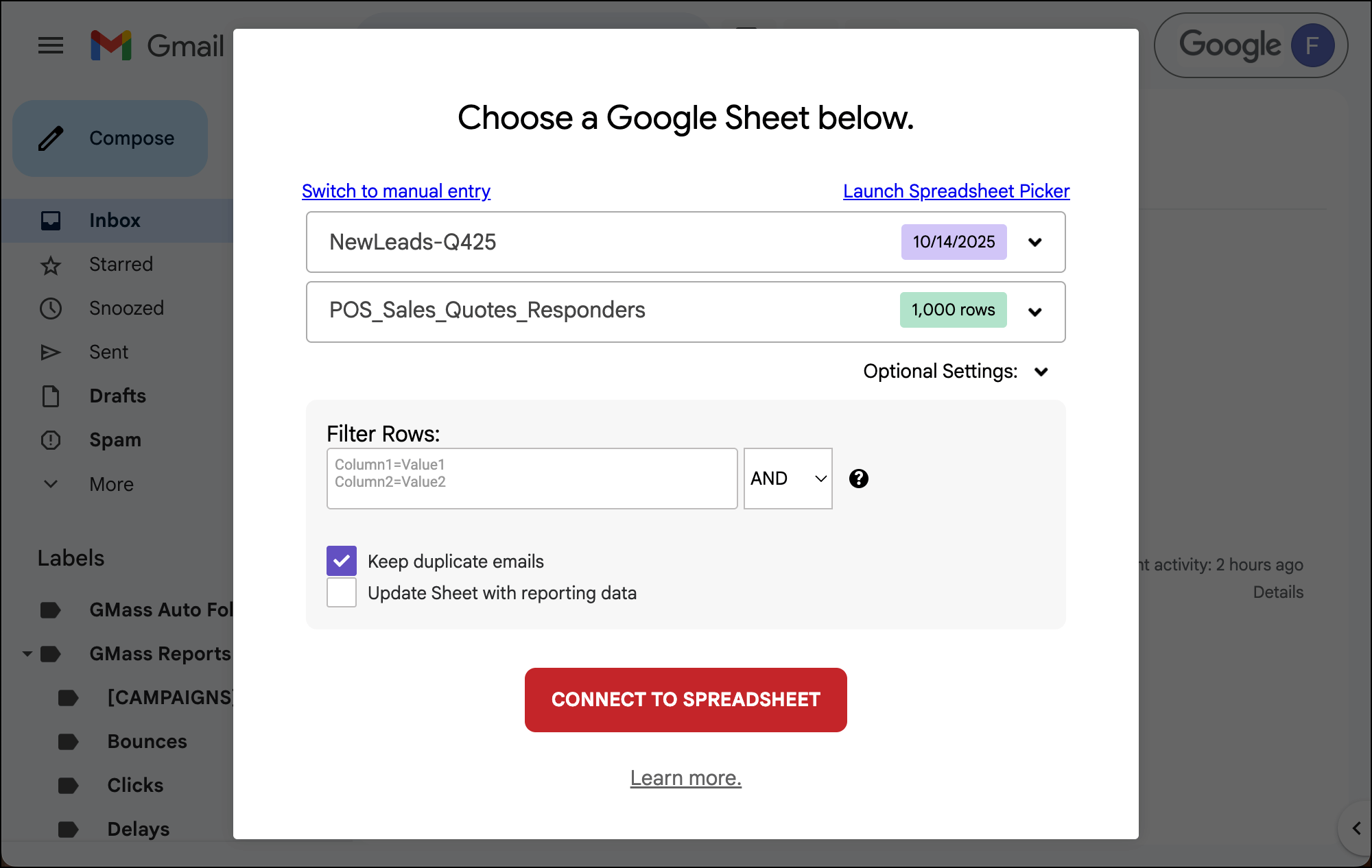 Connect your real sheet
