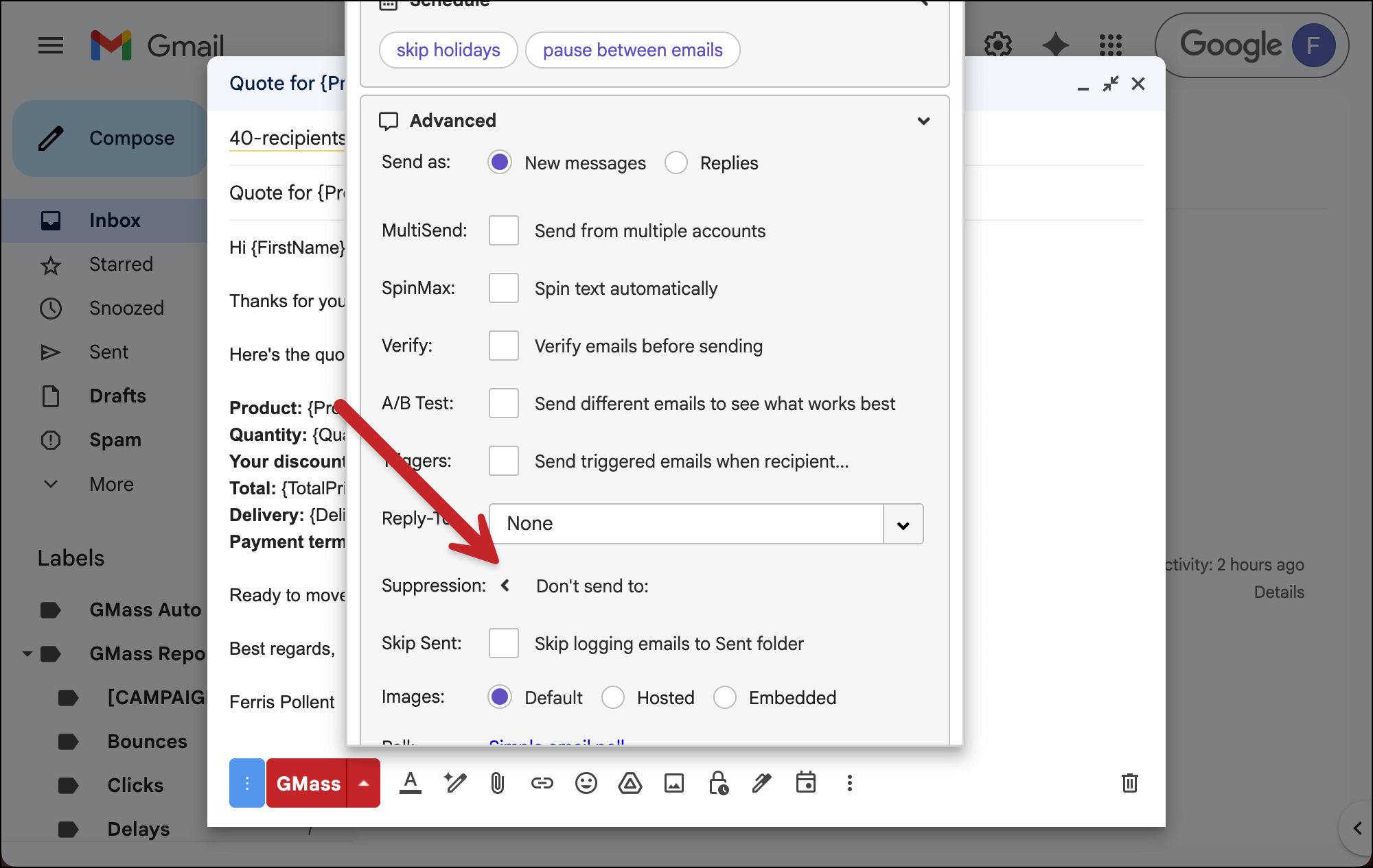 Click into the Suppression settings